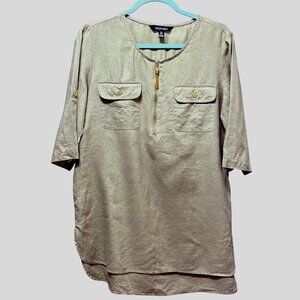Ellen Tracy size M 100% linen army green decorative zip front short sleeve top